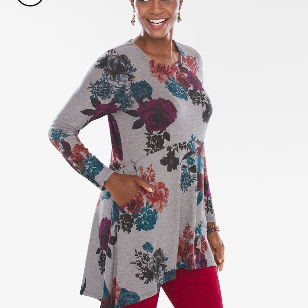 Chicos Petite Rose-Print Button-Sleeve Tunic